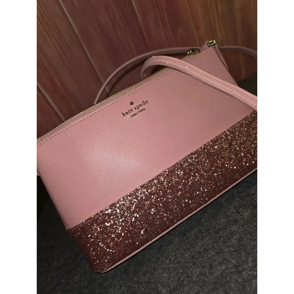 Kate Spade Greta Court Ramey Crossbody Dusty Peony Pink Saffiano Glitter Purse